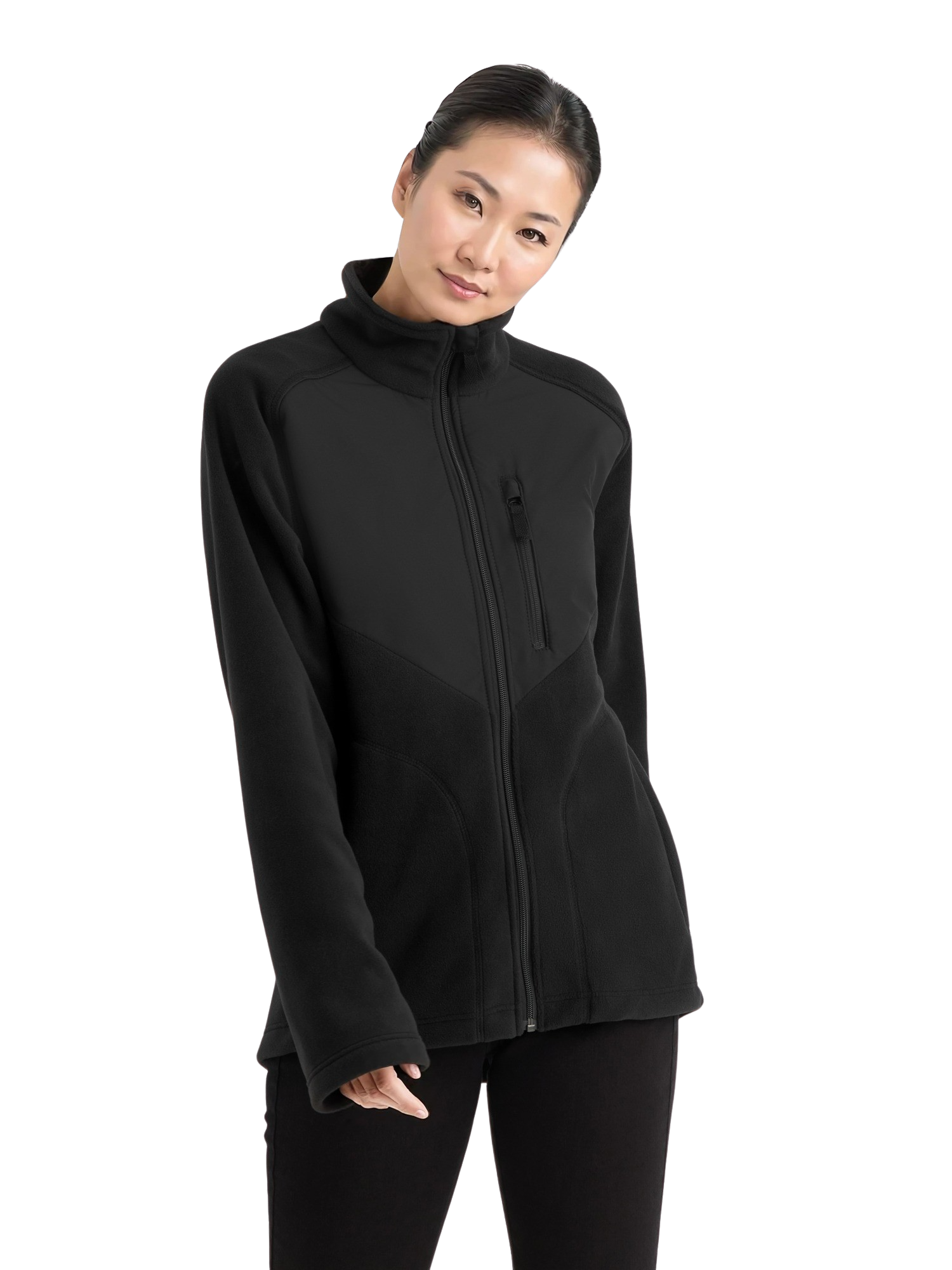 Naismallilla päällä musta Image Wearin uusi fleece-takki.