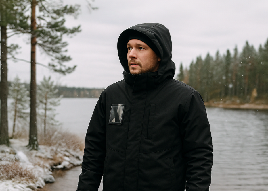 Kuvassa miehellä Pyry talvitakki mustana ja Image Wear malliston musta pipo.