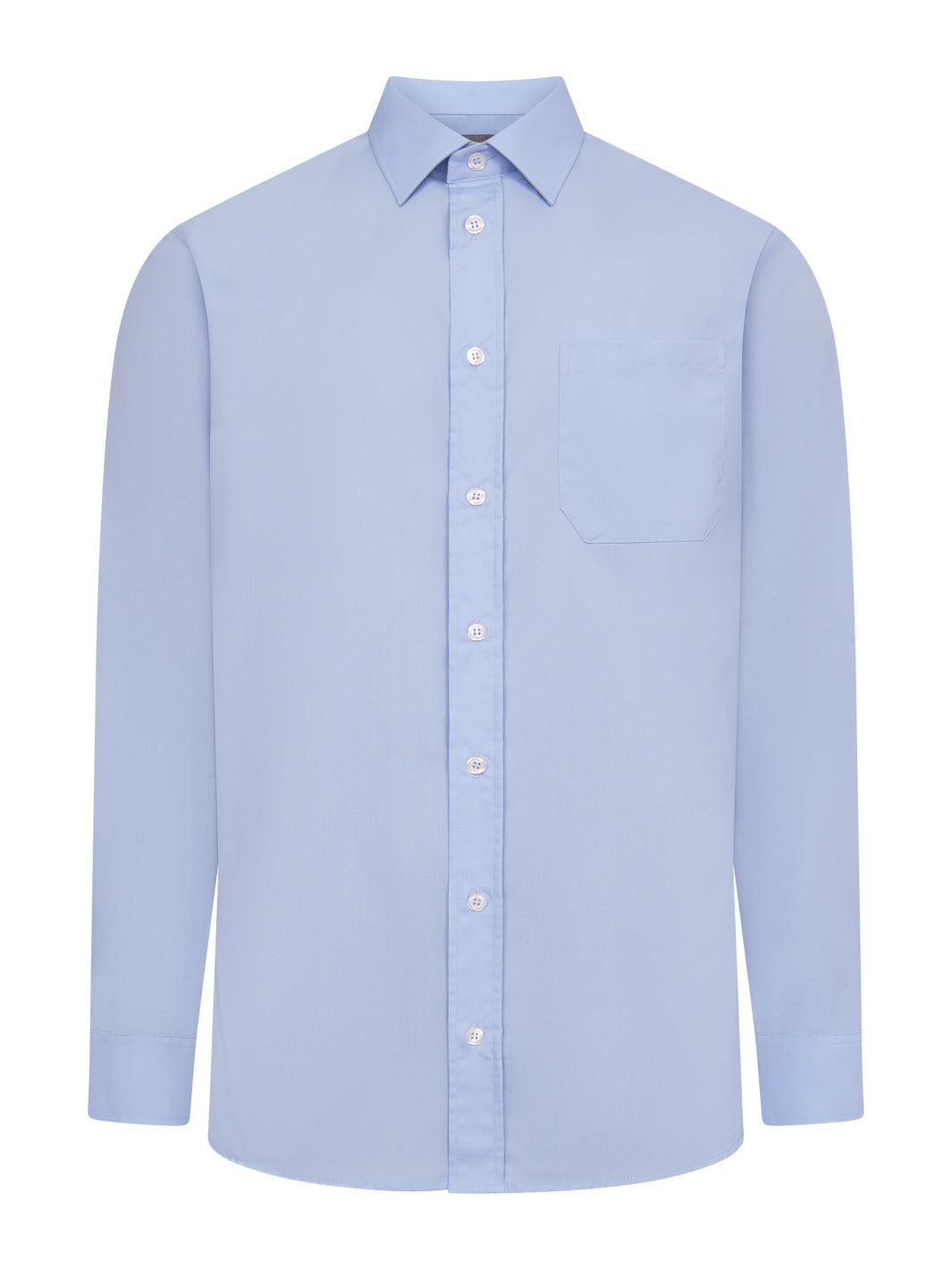 Vaaleansininen pitkähihainen miesten kauluspaita. Rintatasku.