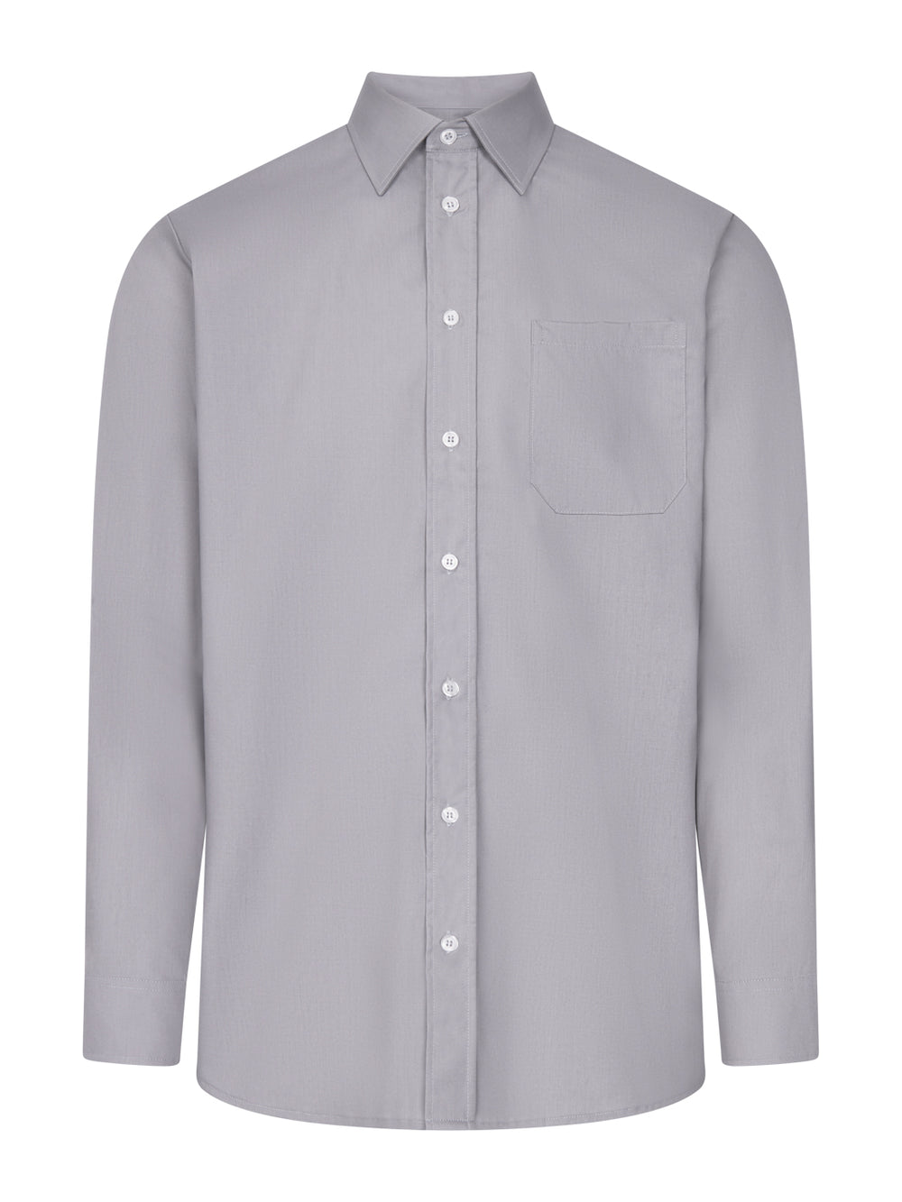Vaaleanharmaa pitkähihainen miesten kauluspaita. Rintatasku.