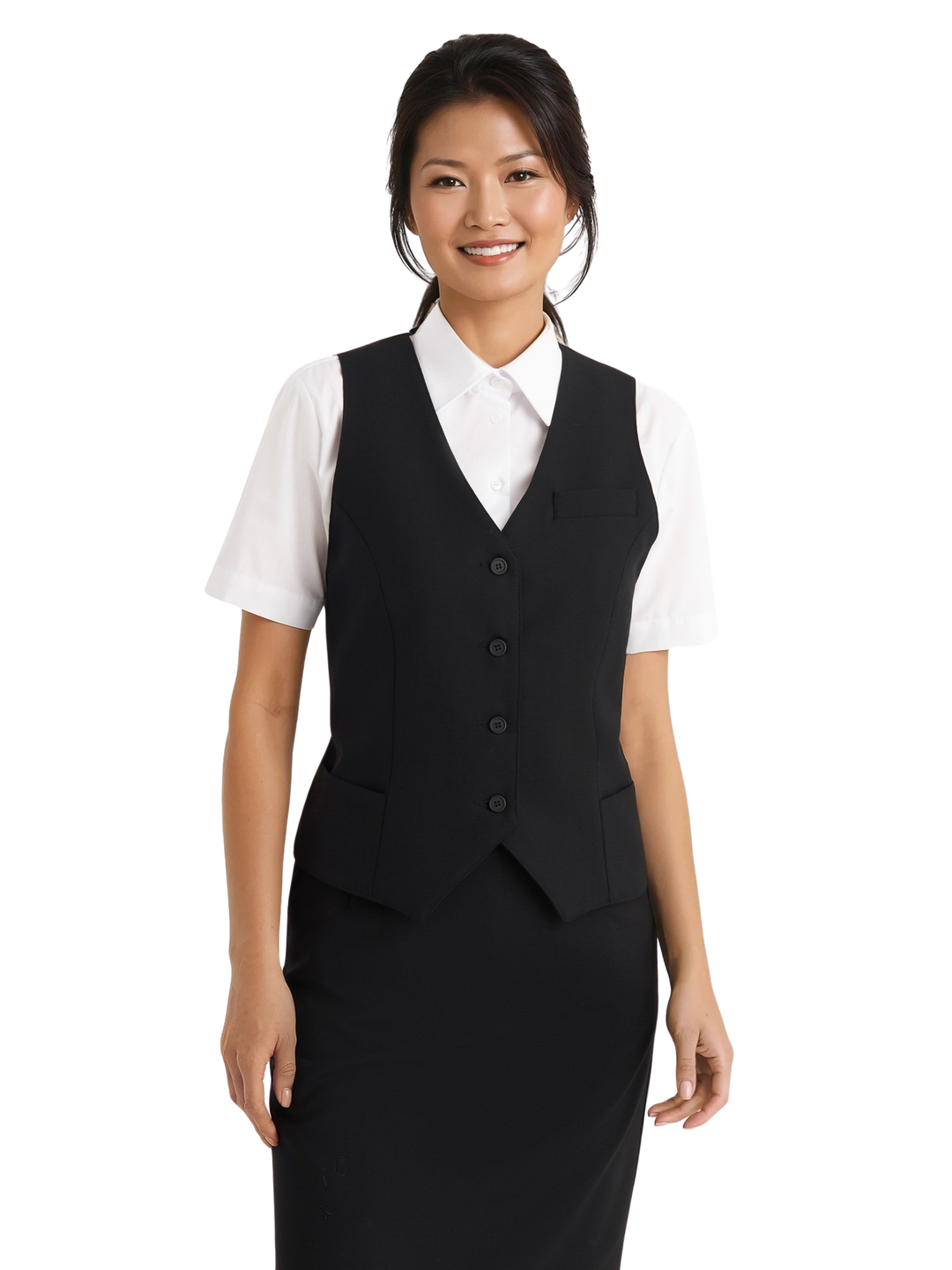 Kuvassa naismallilla päällä musta liivi, kynähame ja valkoinen lyhythihainen kauluspaita Image Wearin mallistosta.