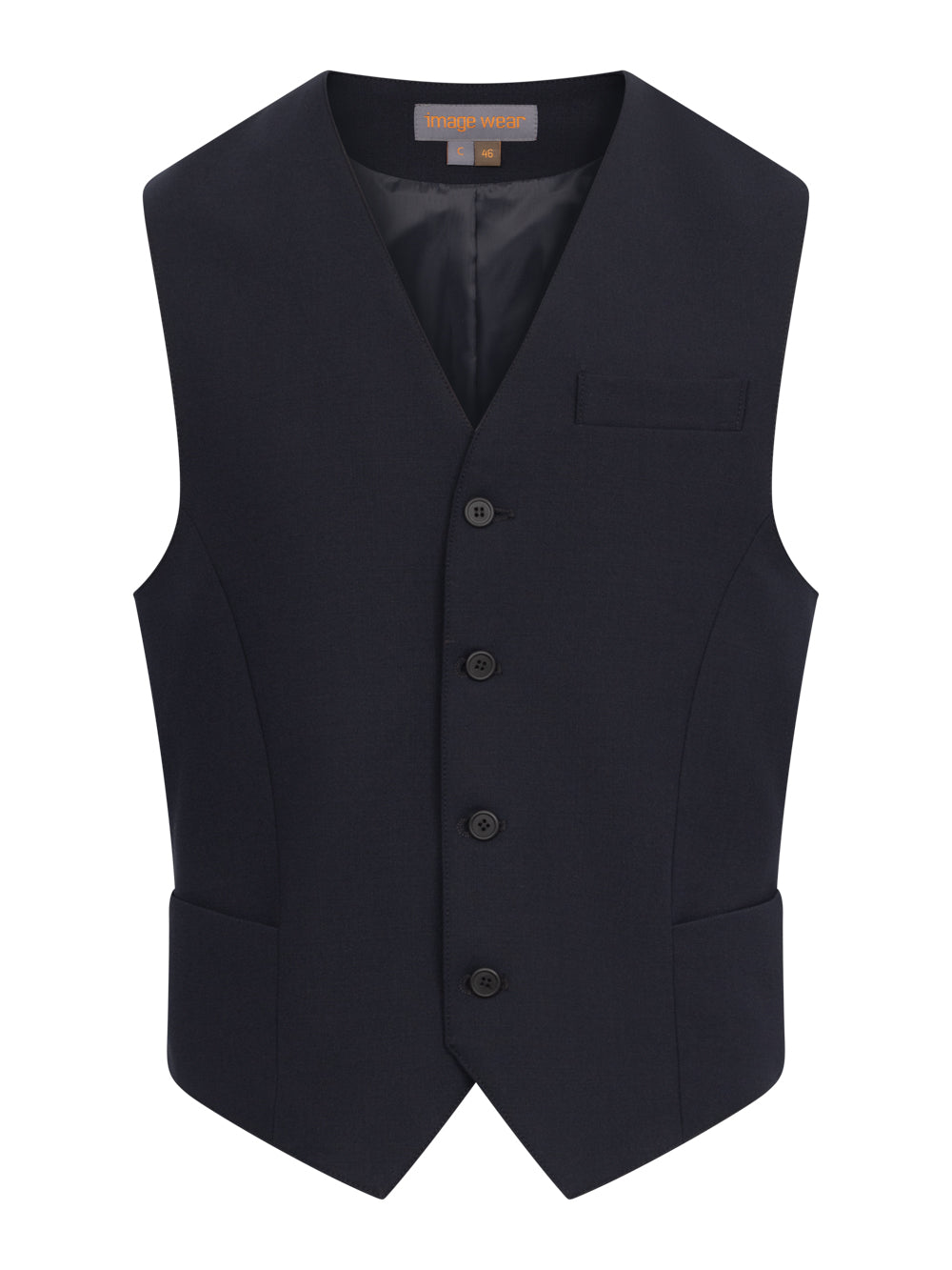 Tummansininen kangasliivi. Edessä nappikiinnitys, V-pääntie. Sivussa taskut.