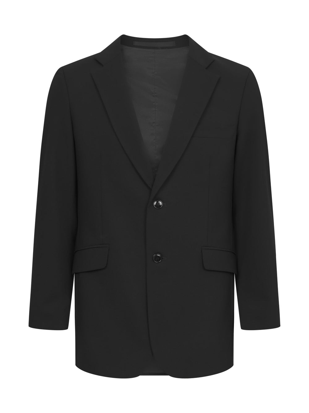 Tyylikäs musta puvuntakki miehille, Materiaali villasekoitetta. Takissa rintatasku ja läppätaskut. Takana helmassa halkio. Suljetaan kahdella napilla. Sisäpuolella sileä vuori ja kaksi povitaskua. Olkapäillä kevyet toppaukset.