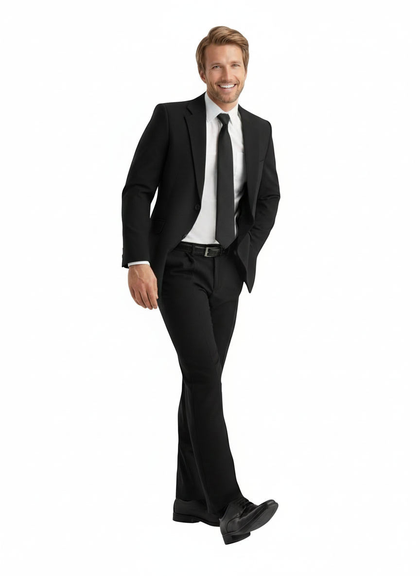 Kuvassa miesmallilla päällä Image Wearin musta puku, valkoinen kauluspaita sekä musta turvasolmio. Jalassa mallilla on Sievin Mark-pukukengät.