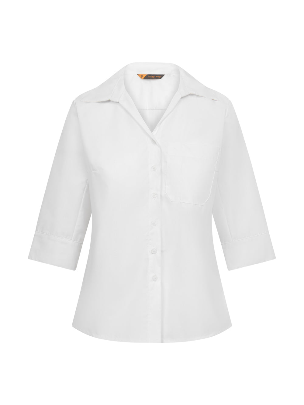 Naisten valkoinen paitapusero 3/4 -pituisella hihalla. Rennosti istuva malli, jossa muotolaskokset. Rintatasku vasemmalla. Hihansuissa ja helman sivuilla halkiot. Erityinen kainalorakenne.