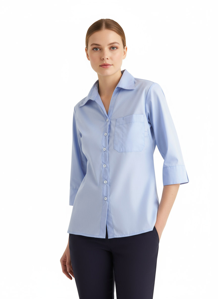 Kuvassa naismallin päällä Image Wearin vaaleansininen kauluspaita, jossa 3/4 pituiset hihat sekä jalassa tummansiniset Tilda-housut.