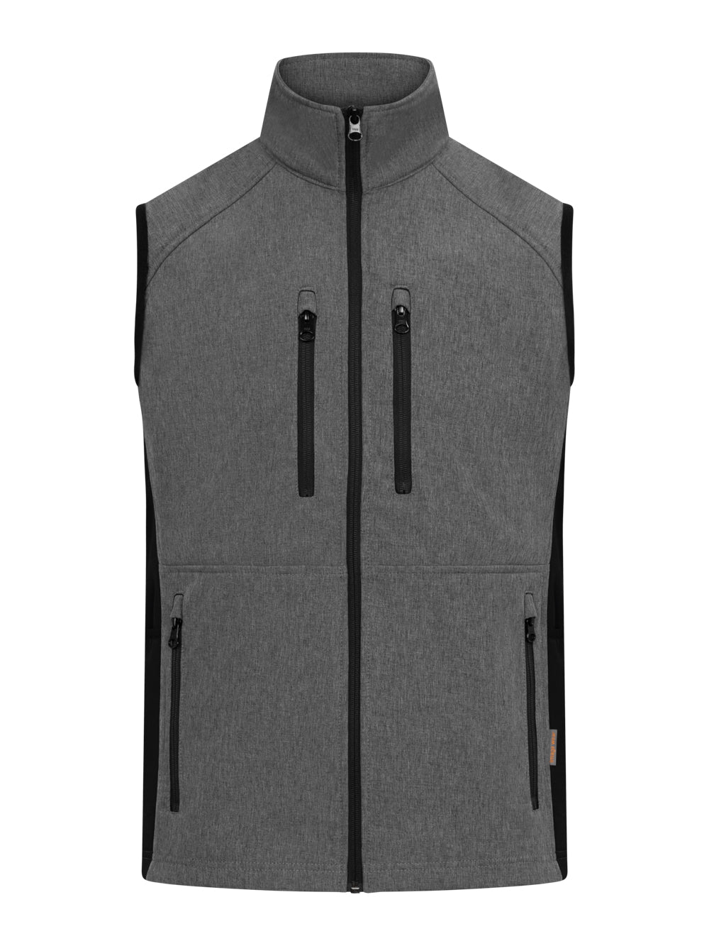 Meleeratun harmaa softhsell-liivi. Vetoketju edessä ja ala-ja ylätaskuissa.