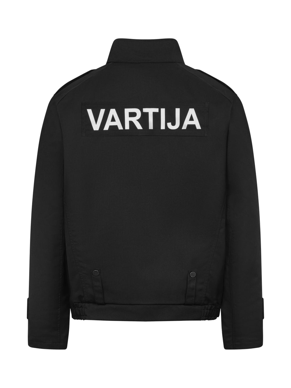 Musta taktinen vartijan irtovuoritakki takaapäin kuvattuna.