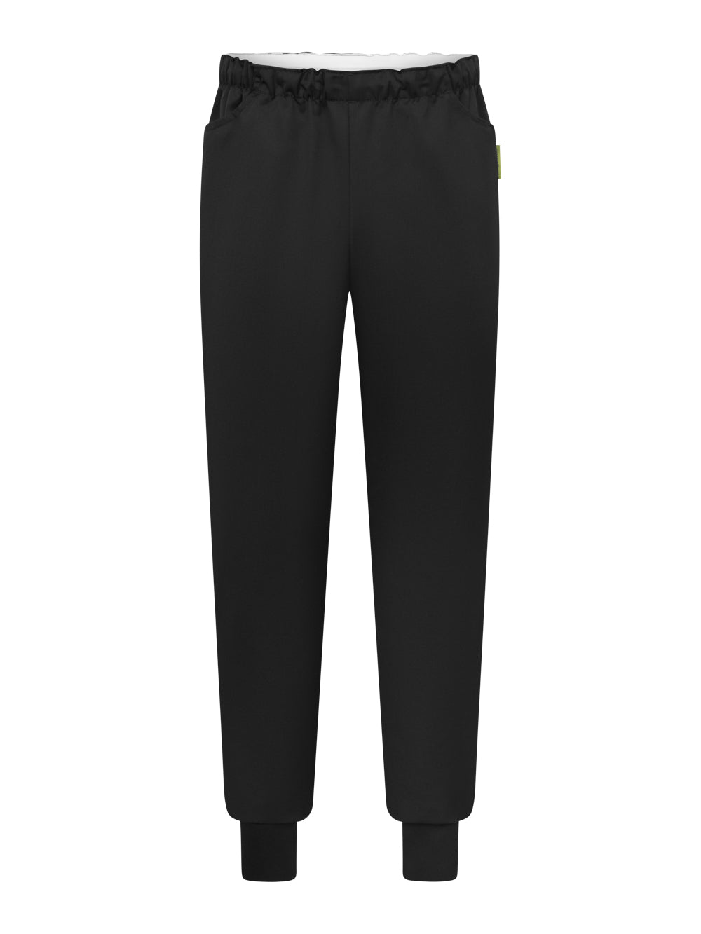 Takakuva mustista kuminauhavyötäröisistä housuista.