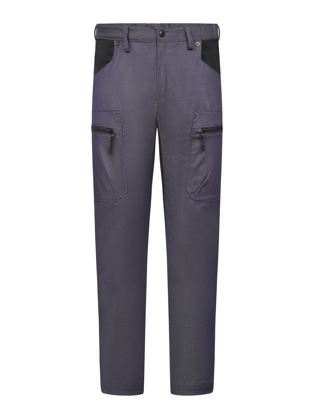 Miesten siniset joustavat reisitaskuhousut denim-kankaasta. Vetoketjulliset reisitaskut.