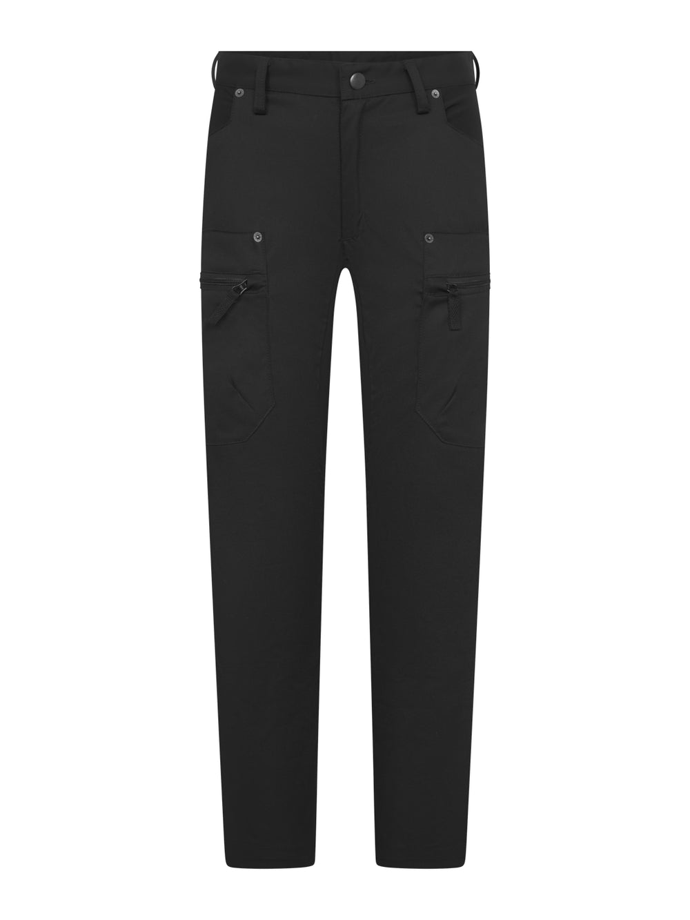 Naisten mustat reisitaskuhousut. Housuissa on liikkumista helpottavat joustot polvitaipeissa ja haarassa. Vyötäröllä on säädettävä kuminauha sekä 5 vyölenkkiä. Keskellä takana oleva leveämpi vyölenkki pitää vyön paikallaan liikkuessa. Molemmilla puolilla tilavat vetoketjulliset reisitaskut.