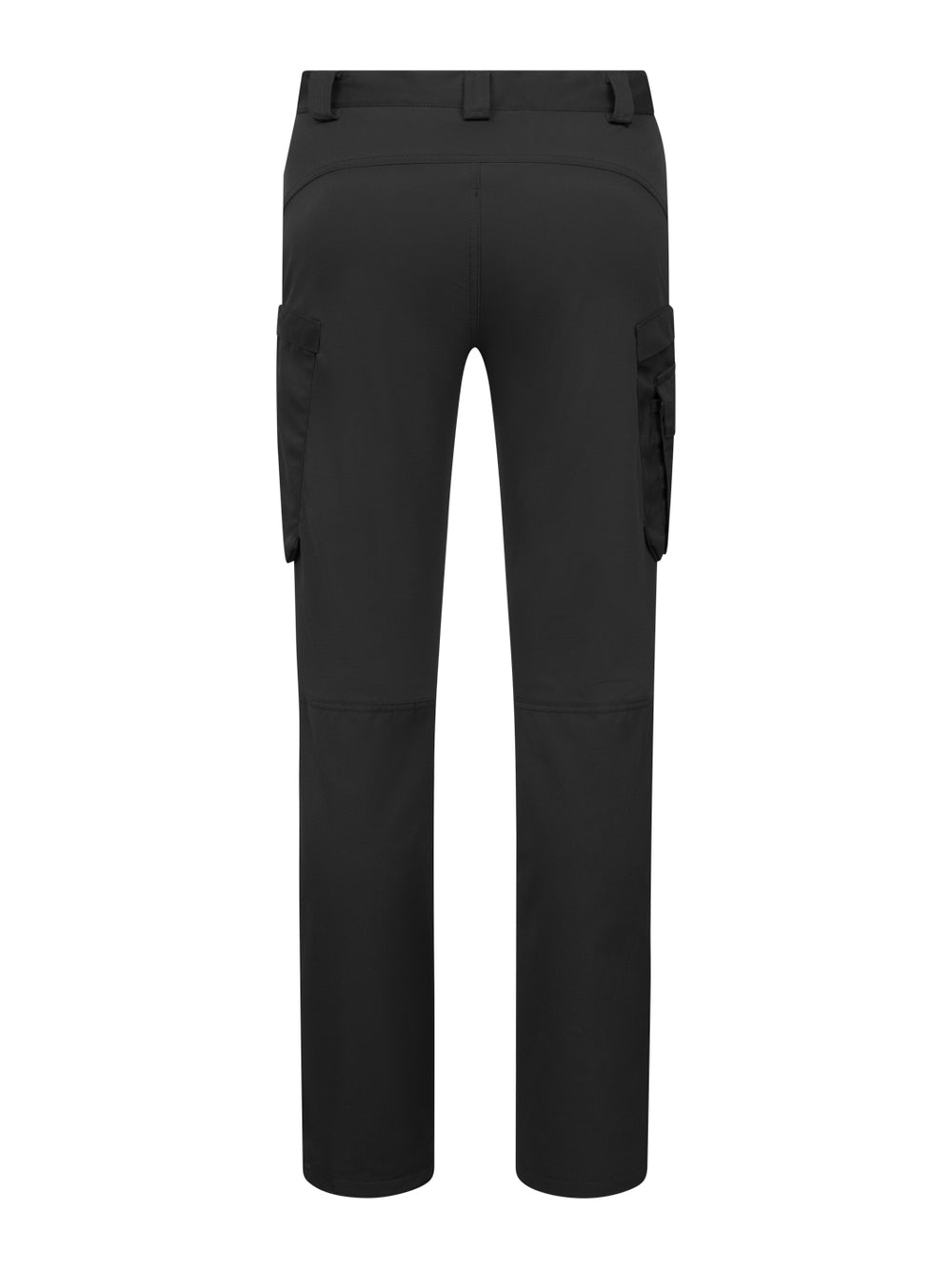 Miesten joustavat mustat reisitaskuhousut takaapäin kuvattuna.