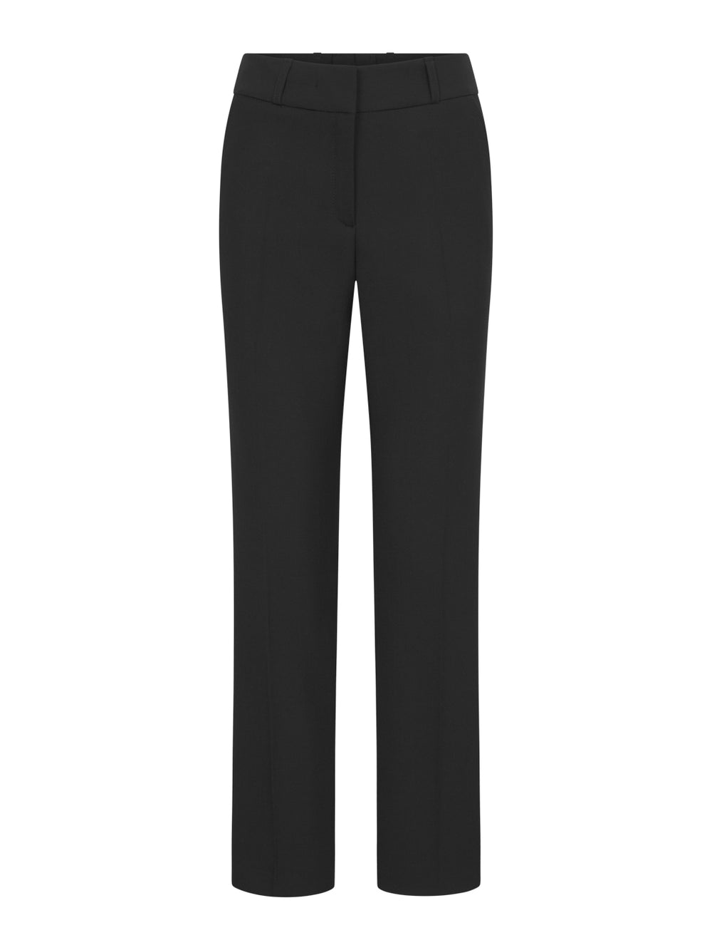 Naisten mustat suorat housut. Edessä piilotettu vetoketjukiinnitys. Vyötäröllä vyönlenkit. Sivutaskut. Suorat  lahkeet.