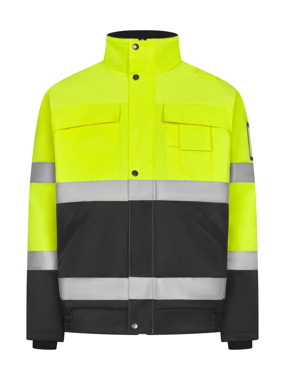 Miesten näkyvä kelta-musta talvitakki. Runsaasti taskuja. Neppareilla suljettava etulista. Heijastimet hihoissa, vyötäröllä ja lantiolla. Resorihihansuut. Pidennetty takahelma.