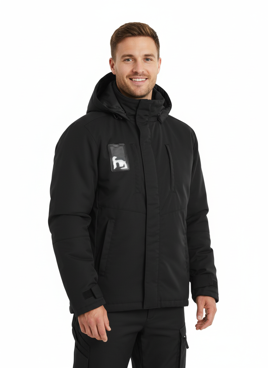 Kuvassa miehellä päällä uusi Image Wearin musta Pyry talvitakki ja talvihousut esim. henkilökuljetuksen ammattilaiselle.