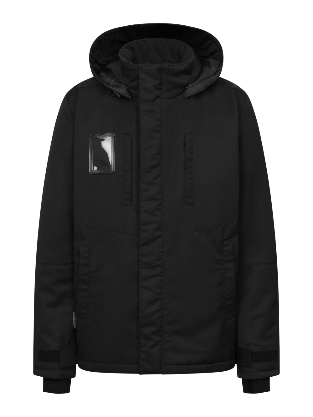 Musta talvitakki Pyry naisten mitoituksella.  Hyvät, tilavat taskut ja huppu sekä ID korttikotelo. Hihansuissa resorit.