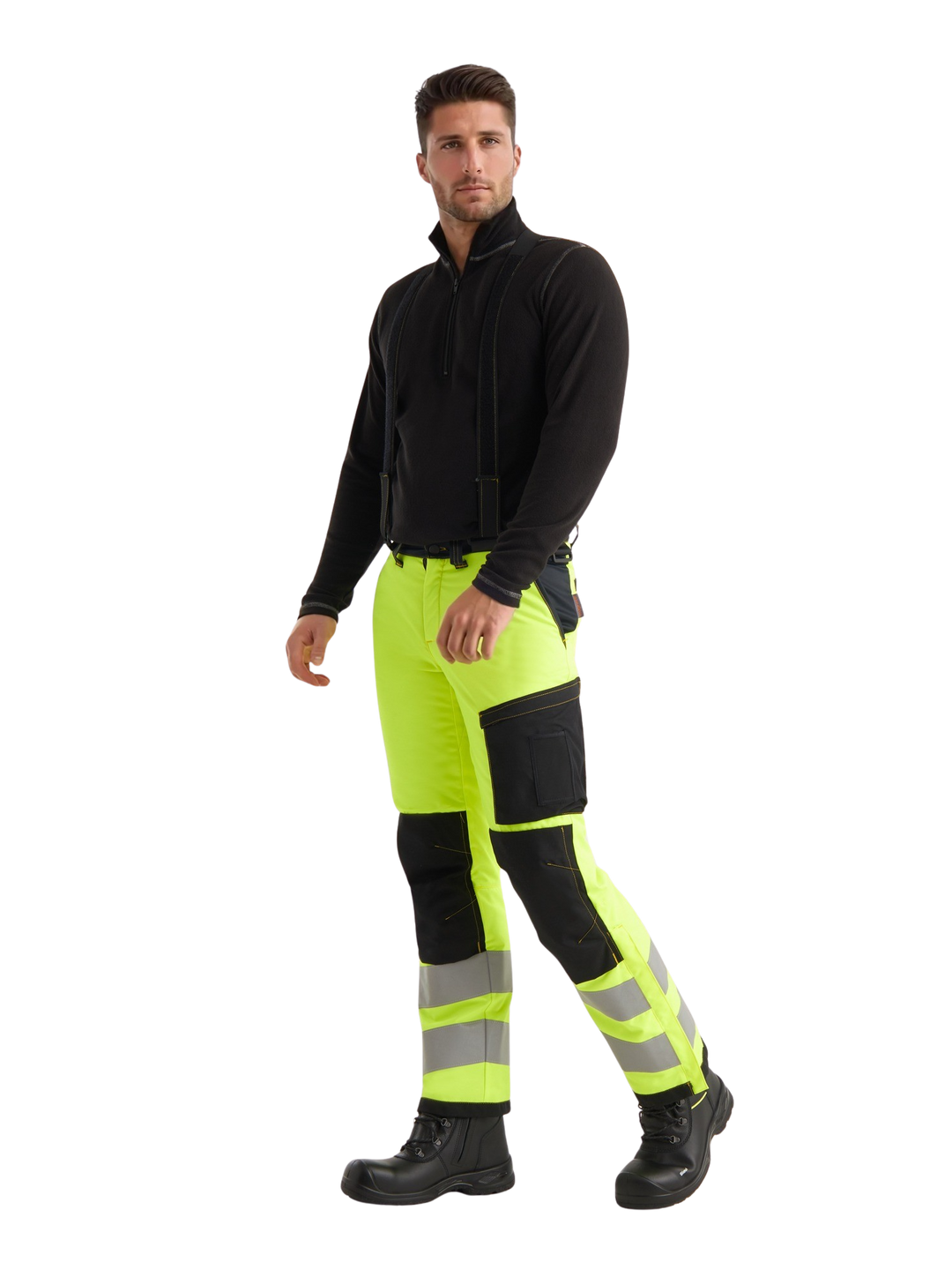 Kuvassa miesmallilla Image Wearin musta välipaita sekä keltaiset varoitustalvihousut ja Sievin Solid CT-turvamaiharit.