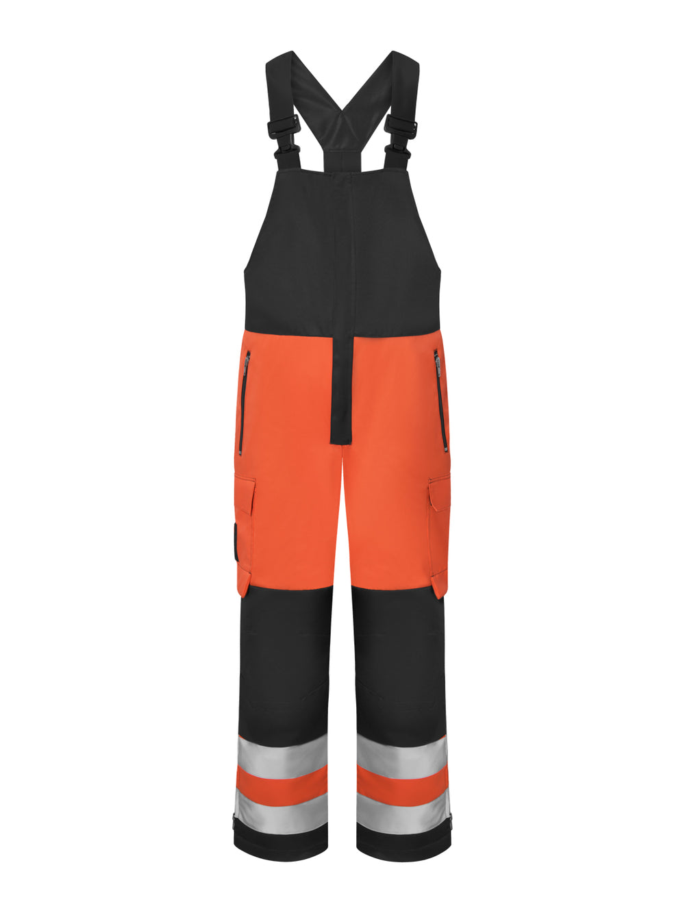 Näkyvä oranssi talviavohaalari, jossa lahkeissa lumilukot. Haalarissa on polvitaskut ja reisitaskut sekä vetoketjulla suljettavat etutaskut. Lahkeissa näkyvyyttä lisäävät heijastimet.