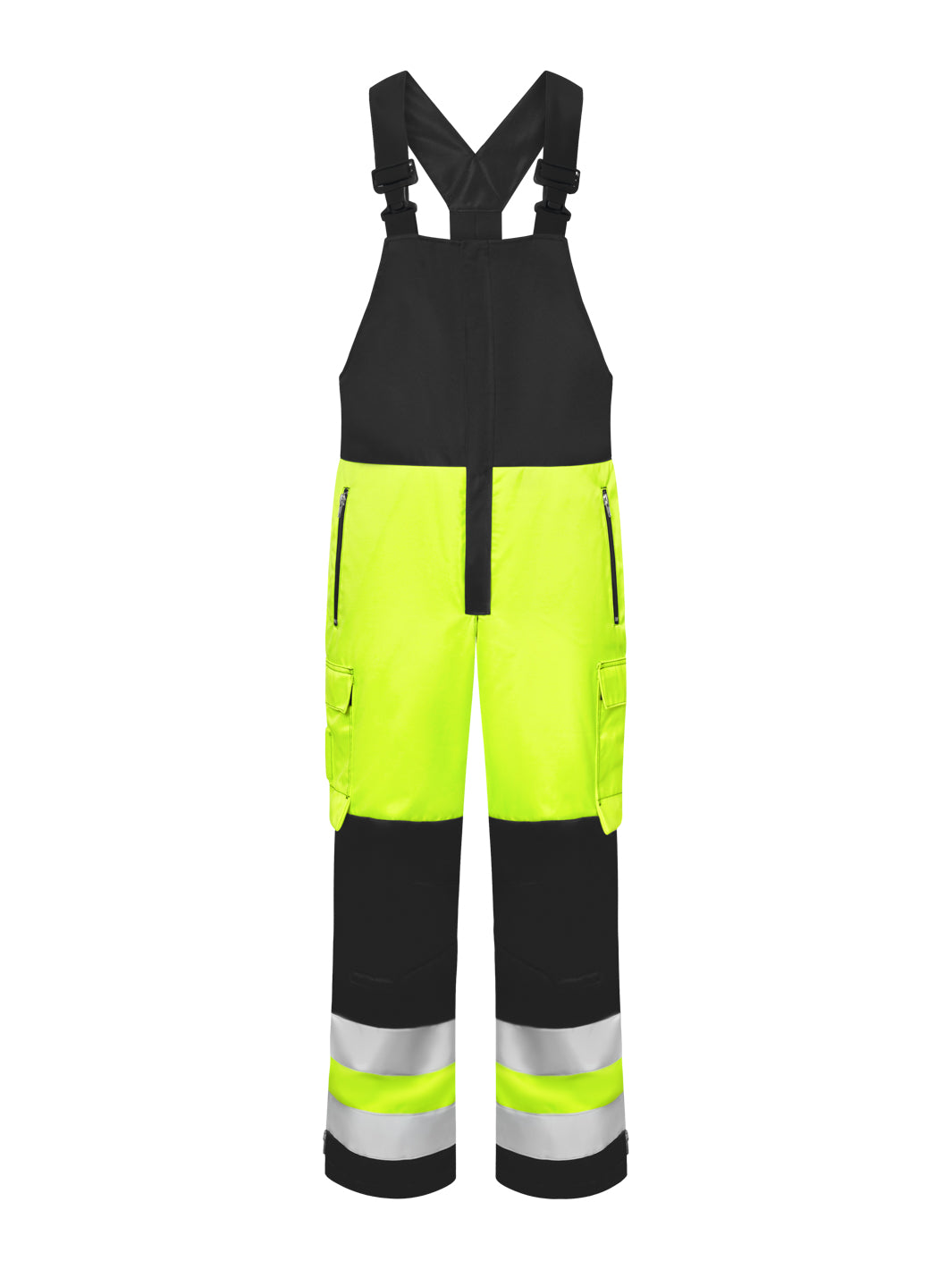 Näkyvä keltainen talviavohaalari, jossa lahkeissa lumilukot. Haalarissa on polvitaskut ja reisitaskut sekä vetoketjulla suljettavat etutaskut. Lahkeissa näkyvyyttä lisäävät heijastimet.