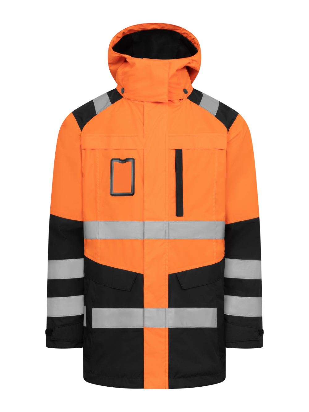 Huomiovärinen oranssimusta varoituskuoritakki. Heijastinnauhat, huppu, vetoketjulliset taskut ja käyntikorttikotelo. Vetoketjukiinnitys etulistan alla.