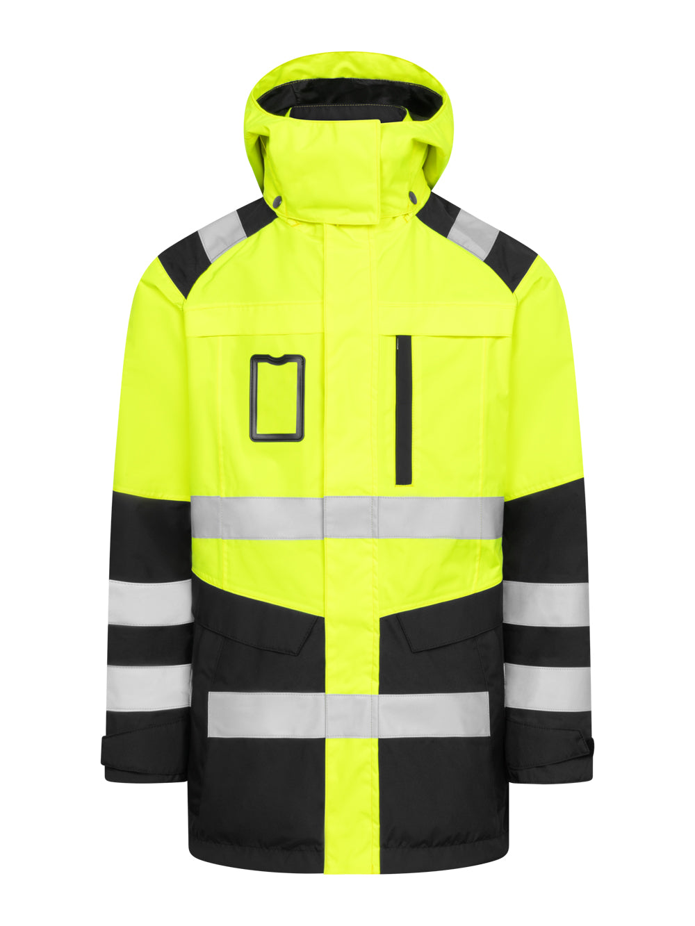 Huomiovärinen keltamusta varoituskuoritakki. Heijastinnauhat, huppu, vetoketjulliset taskut ja käyntikorttikotelo. Vetoketjukiinnitys etulistan alla.