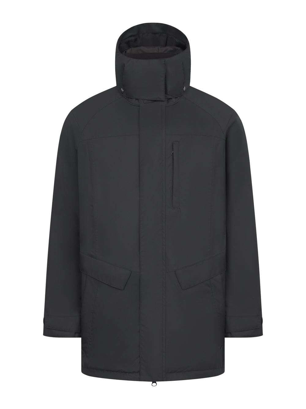 Musta hupullinen parkatakki. Edessä listan alla vetoketjukiinnitys, läpälliset etutaskusta ja vetoketjullinen rintatasku.