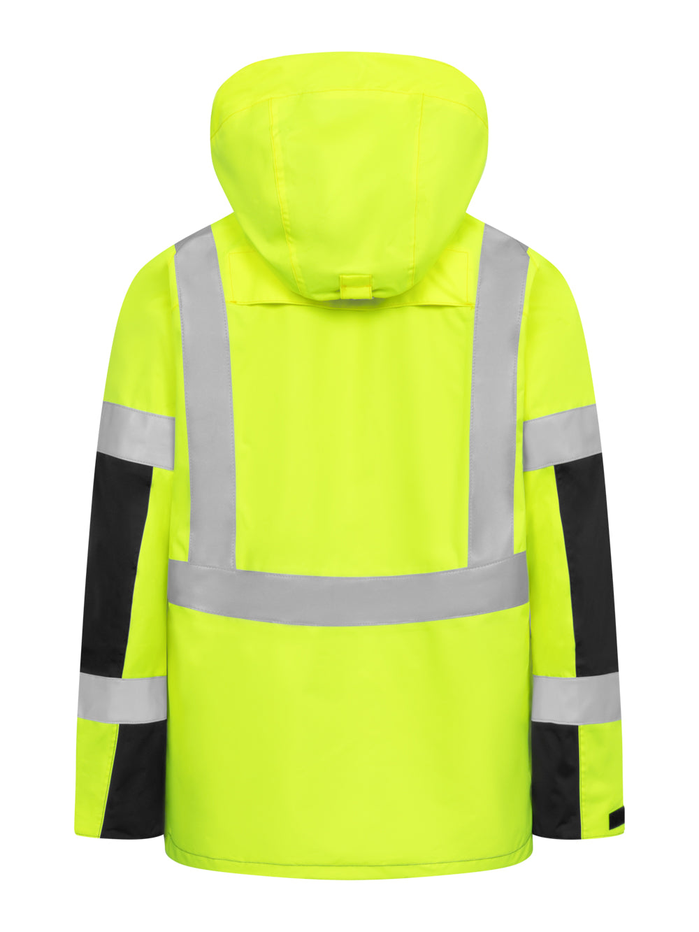 Huomiovärinen keltamusta hupullinen varoituskuoritakki takaapäin kuvattuna.