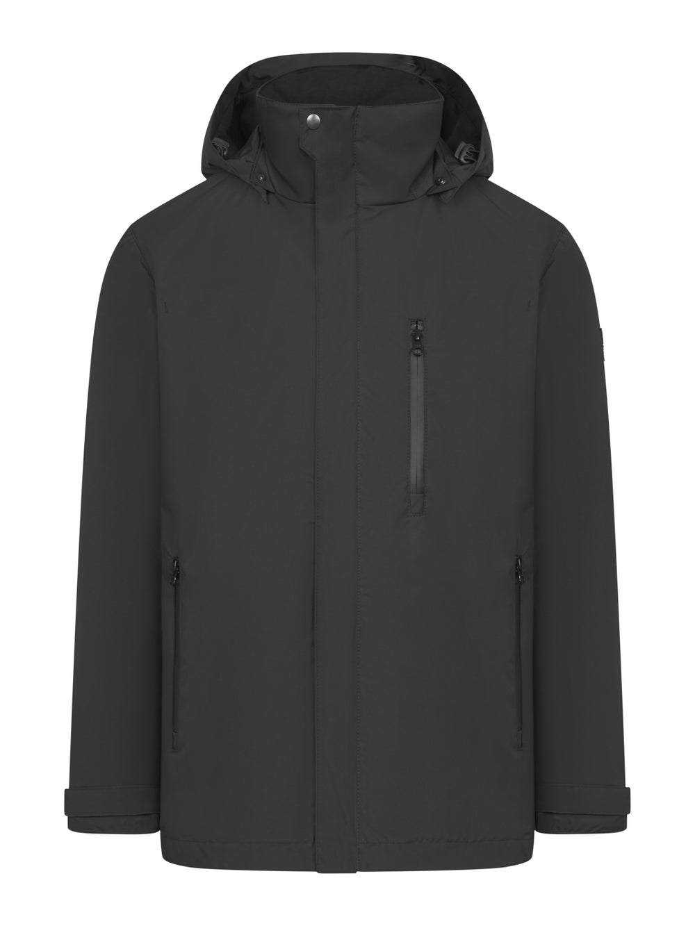 Musta lantiopituinen, hupullinen  kuoritakki. Edessä vetoketjukiinnitys listan alla, vetoketjulliset alataskut ja rintatasku.