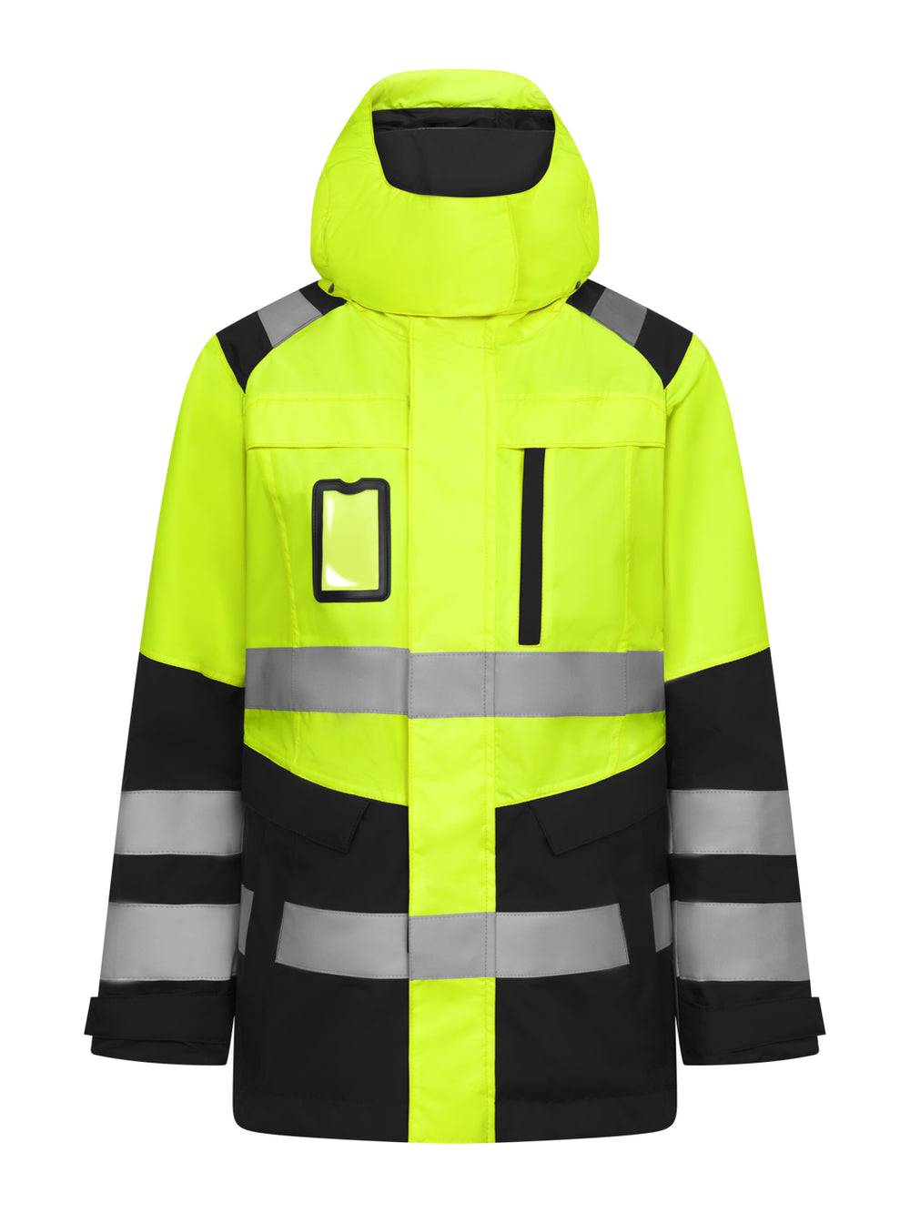 Naisten keltaisessa varoituskuoritakissa on toiminnallisuutta lisäävä kainalorakenne sekä runsaasti tilavia ja suljettavia taskuja. Heijastinnauhat edessä ja hihoissa.