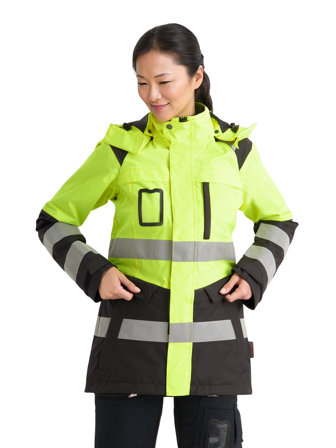 Kuvassa naismallilla päällä Image Wearin varoituskuoritakki keltaisena. Takki on naisten mitoituksella ja siinä on irrotettava huppu, vetoketjullisia taskuja sekä heijastinnauhat edessä ja hihoissa.