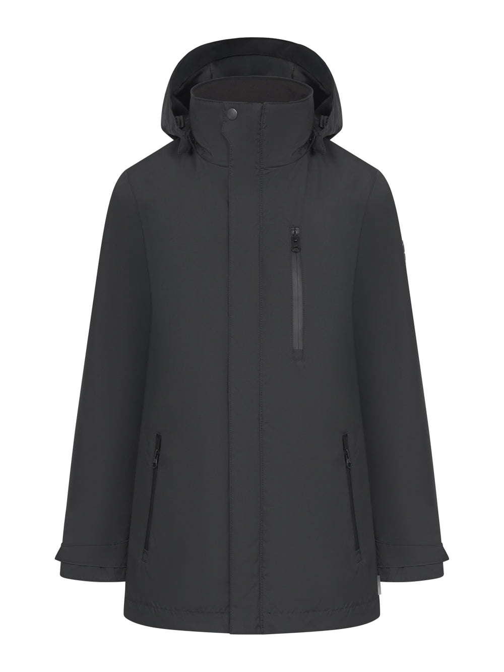 Naisten tyylikäs, säältä suojaava, lantiopituinen musta kuoritakki. Tarralla suljettava tuulensuojalista suojaa vetoketjua eikä tuuli tai vesi pääse tällöin takin sisälle. Vetoketjulla suljettavat sivutaskut, rintatasku sekä roisketiiviit vetoketjut kuljettavat mukanasi tarvitsemasi työvälineet ja muut tavarat.