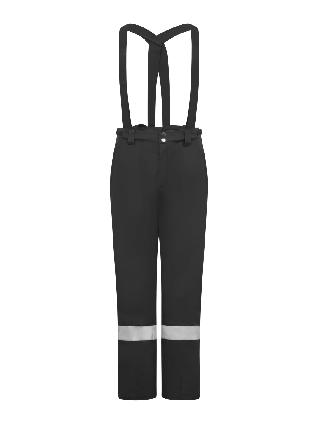 Mustat kuorihousut henkseleillä. Vyötäröllä kuminauhakiristys ja lisäksi tarrakiristys. Sivutaskuissa vetoketjutaskut listan alla. Muotolaskokset polven yläpuolella. Lahkeissa 1 heijastinnauha.