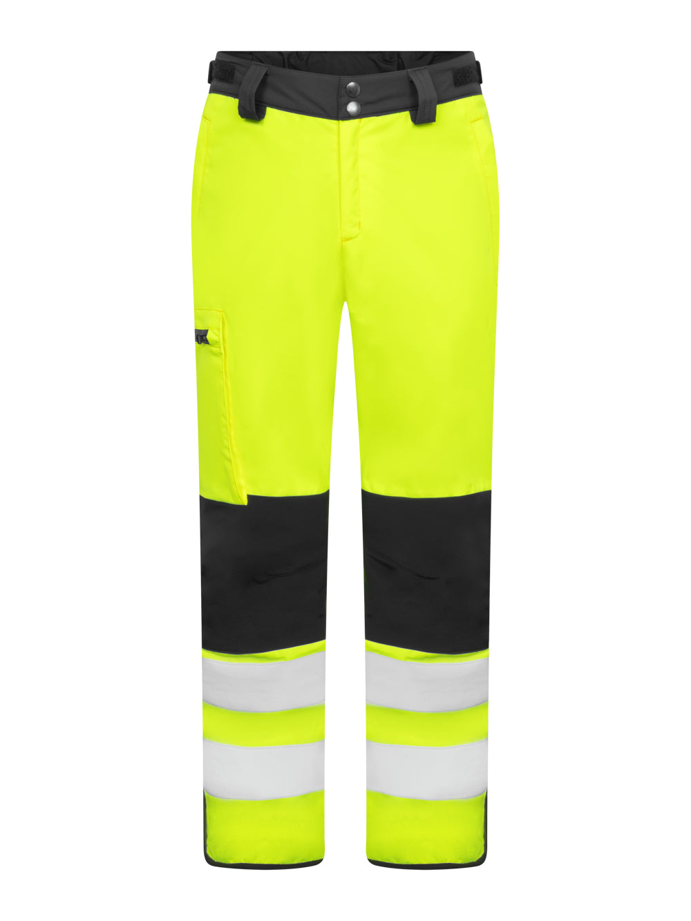 Varoitusväriset kelta-mustat kuorihousut. Oikealla vetoketjullinen reisitasku. Lahkeissa heijastinnauhat. Vetoketju-ja nappikiinnitys edessä. Vyötäröllä vyönlenkit. Kokoa voi säätää vyötäröllä tarranauhalla.