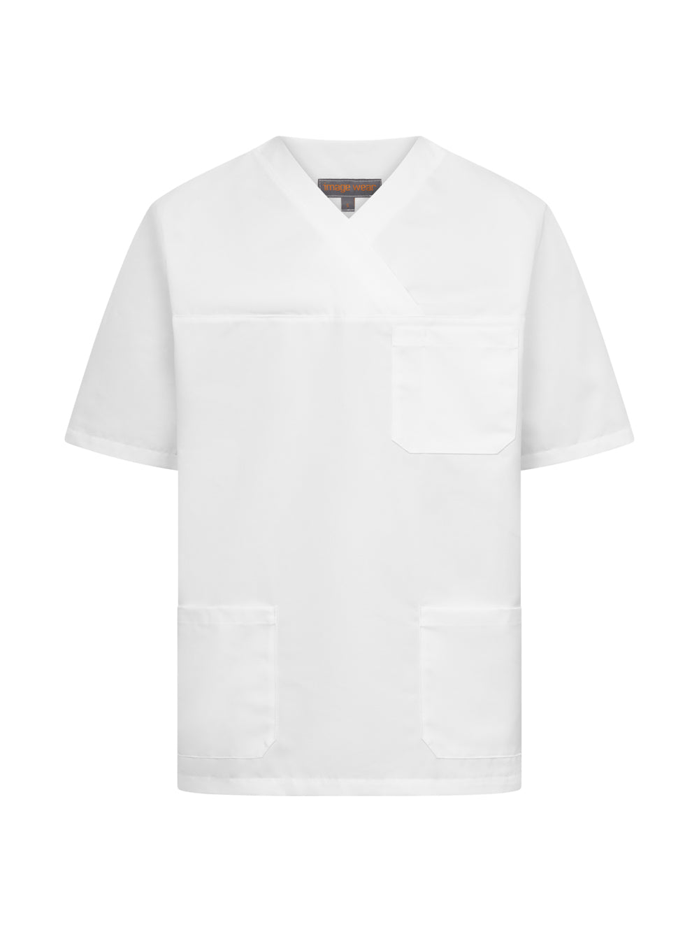 Valkoinen lyhythihainen toimipaikkapusero.