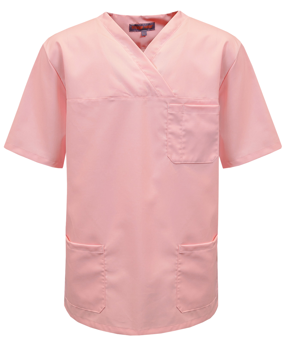 Vaaleanpunainen toimipaikkapusero. Lyhythihainen.