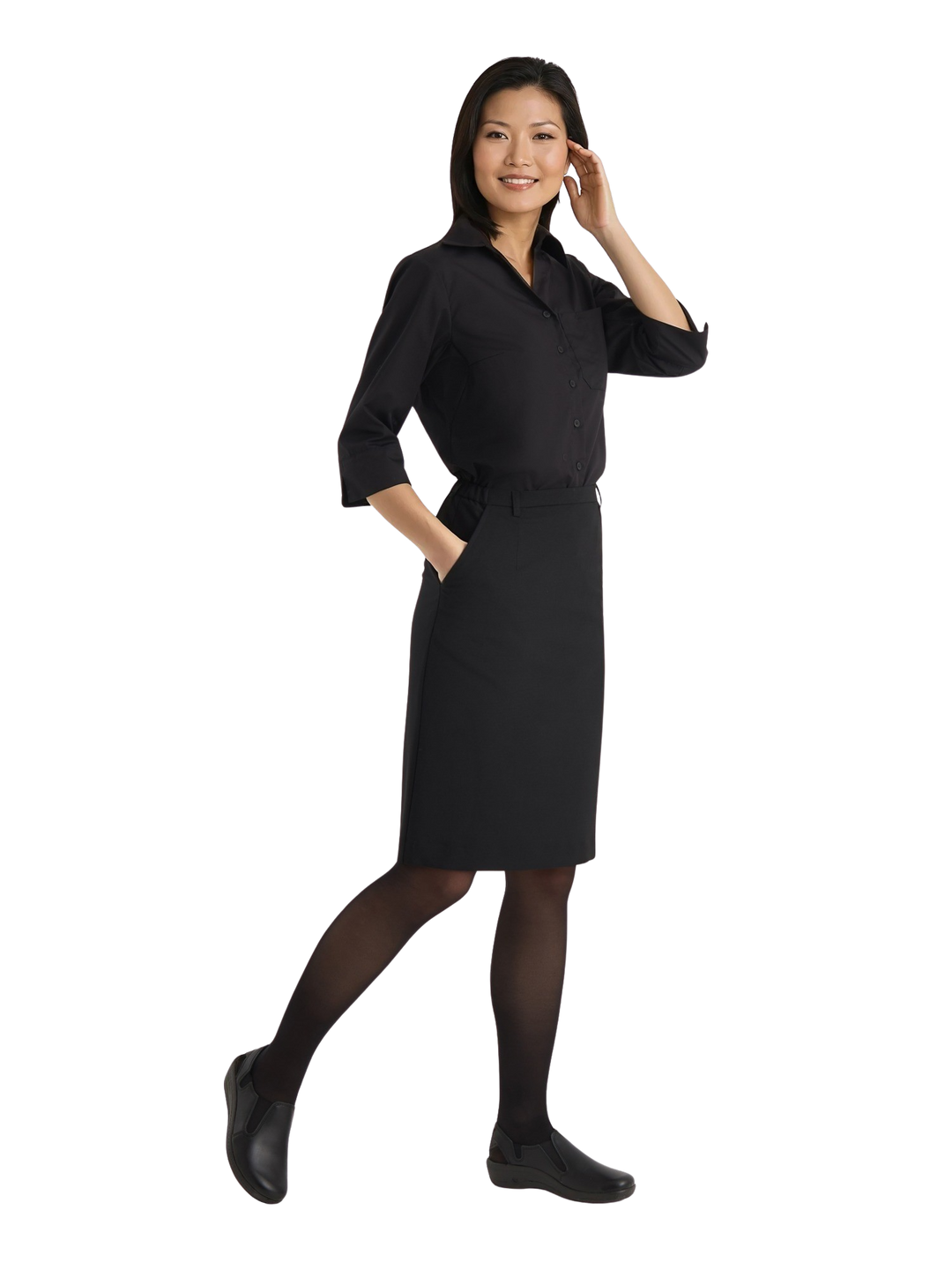 Naismallilla kuvassa päällä Image Wearin musta kynähame ja kauluspaita. Jalassa hänellä on mustat nahkaiset Rumba-työjalkineet.