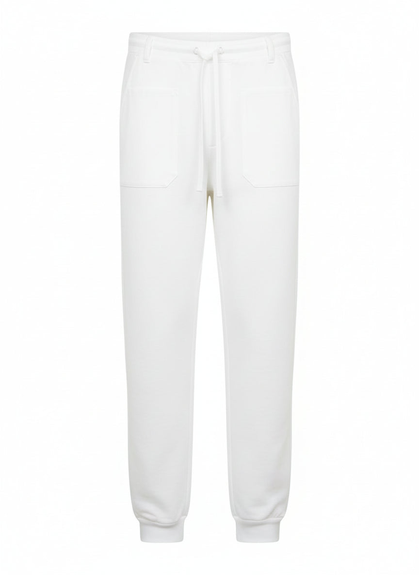 Monelle alalle sopivat valkoiset kevyet työhousut. Edessä kaksi pientä paikkataskua, takana takatasku. Vyölenkit, säädettävä nauhakiristys vyötäröllä, takana osittain kuminauhavyötärö. Lahkeensuussa resorit.