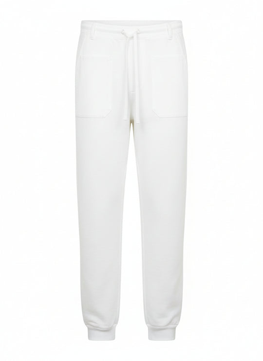 Monelle alalle sopivat valkoiset kevyet työhousut. Edessä kaksi pientä paikkataskua, takana takatasku. Vyölenkit, säädettävä nauhakiristys vyötäröllä, takana osittain kuminauhavyötärö. Lahkeensuussa resorit.