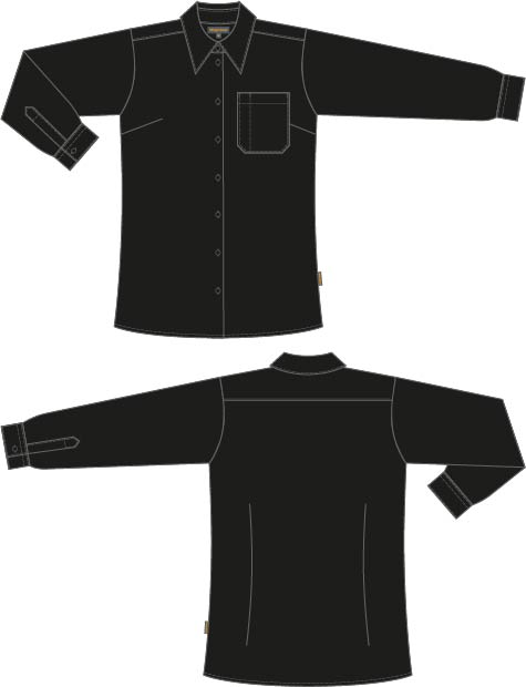 Naisten klassinen musta pitkähihainen paitapusero, jossa on rintamuotolaskokset ja etutasku.