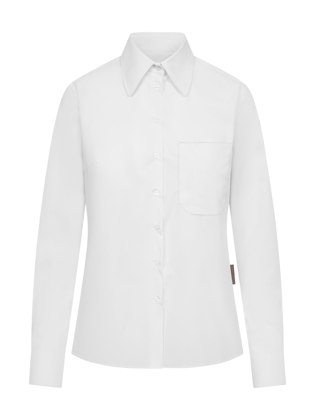 Aavistuksen vartalonmyötäinen valkoinen, naisten pitkähihainen paitapusero. Rintatasku, jossa erillinen kynätasku. Rintamuotolaskokset.