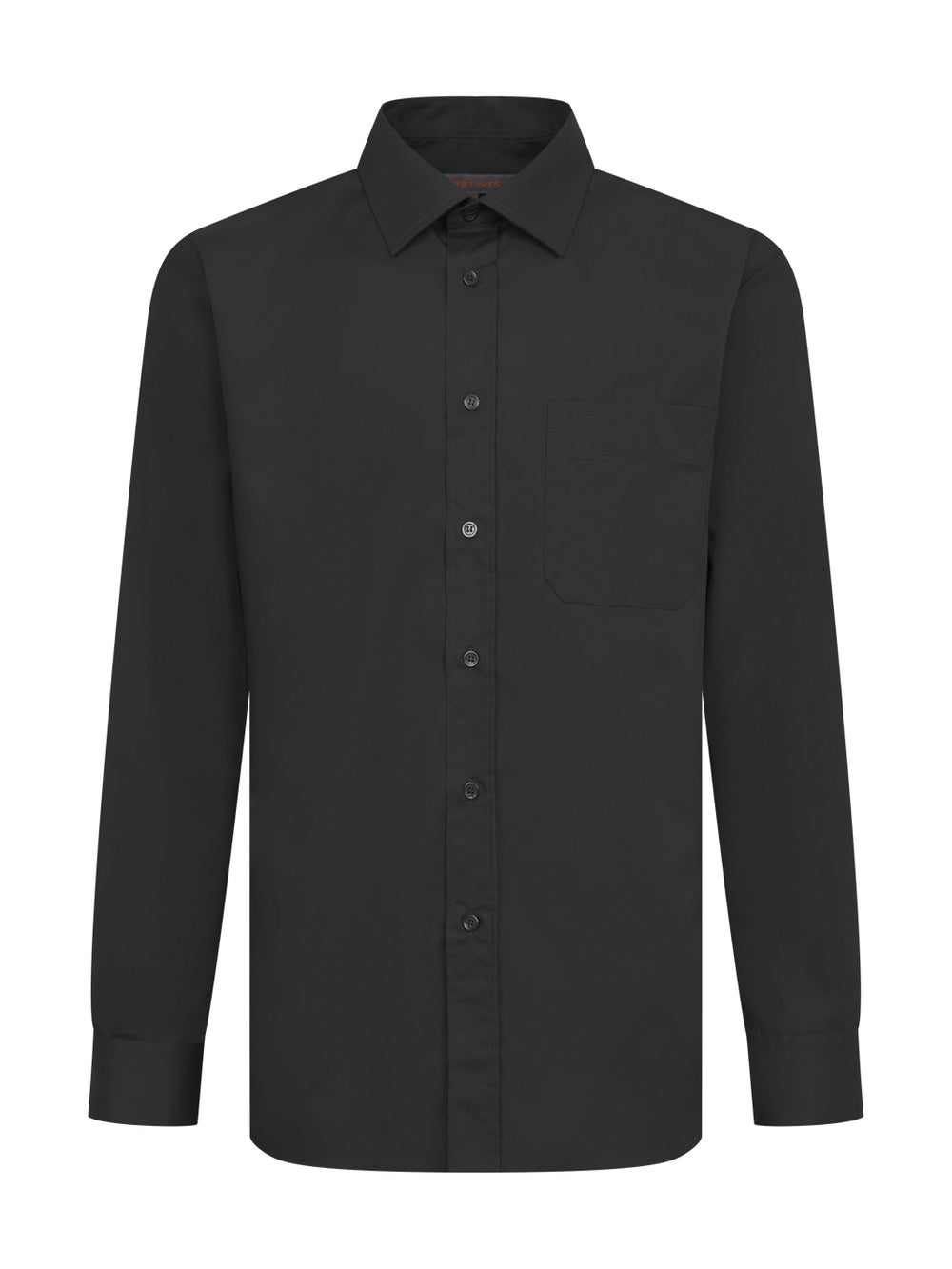 Miesten musta klassinen pitkähihainen kauluspaita. Rintatasku, napit edessä.