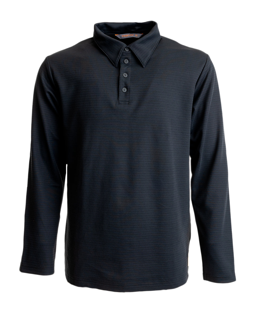 Pitkähihainen miesten musta pikeepaita, ESD-kangas. Pikeenapitus edessä.