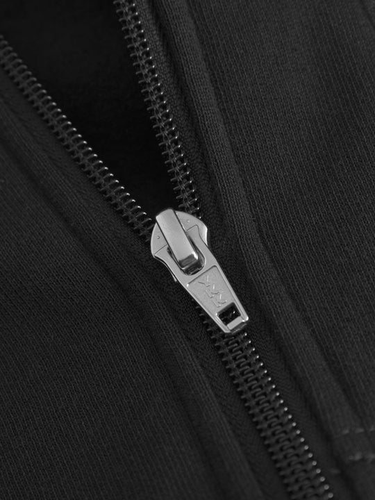 Yksityiskohtakuva mustan collegetakin etuvetoketjusta.