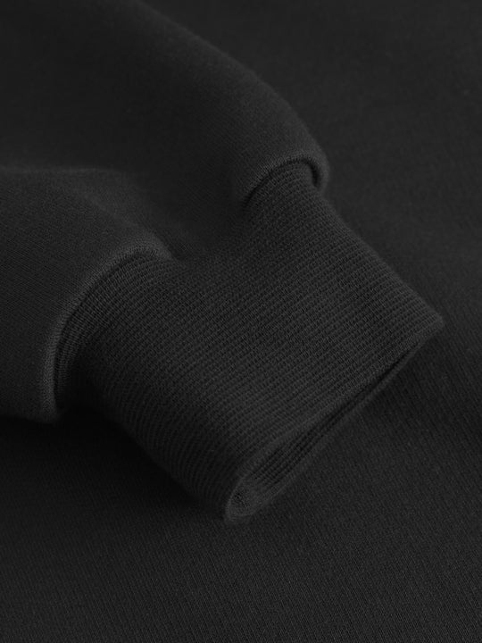 Yksityiskohtakuva mustan collegetakin hihansuun resorista.