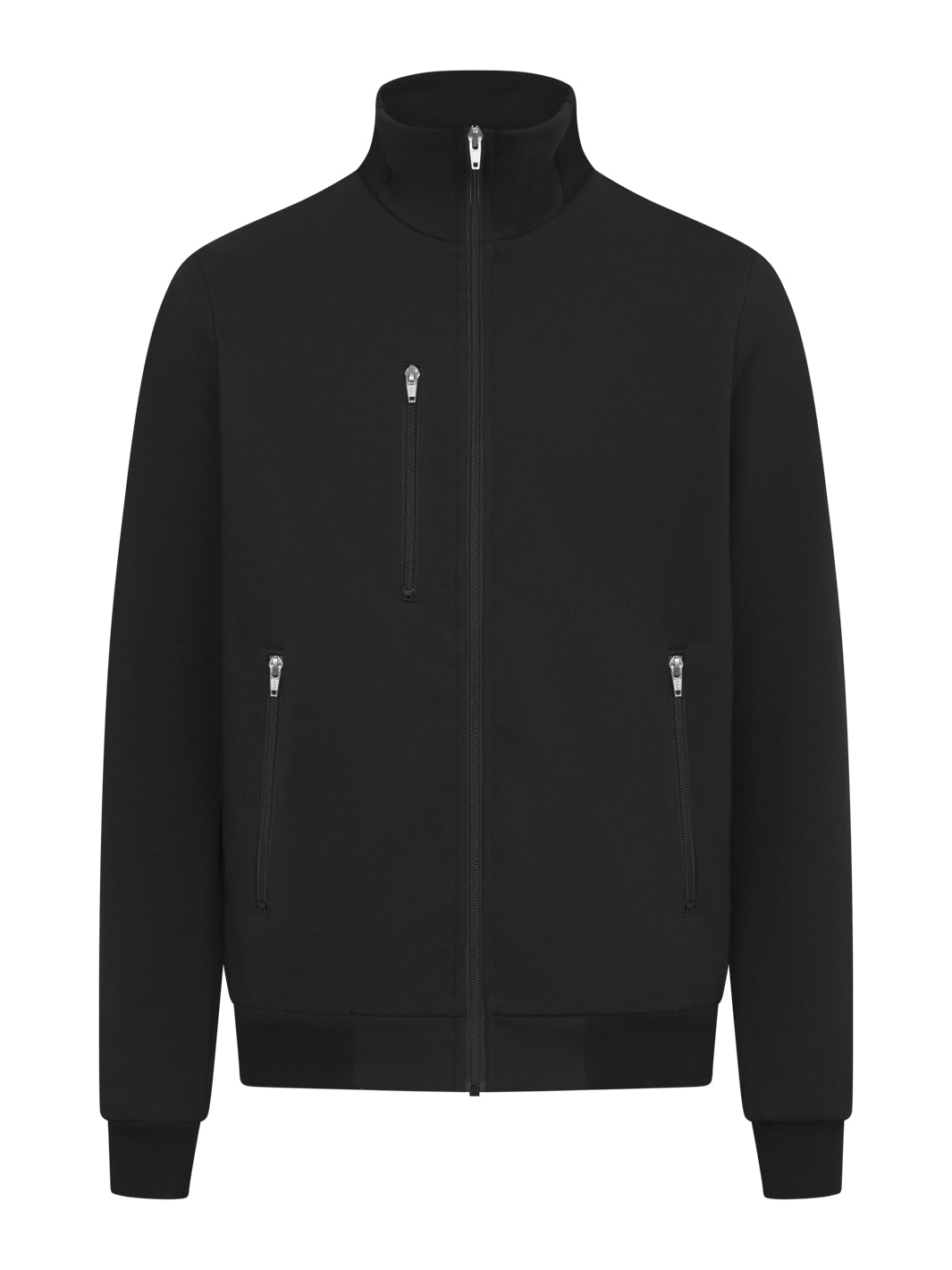 Musta unisex collegetakki vetoketjukiinnityksellä. Edessä kolme vetoketjullista taskua. Joustavaa resoria helmassa, hihansuissa ja kauluksessa.