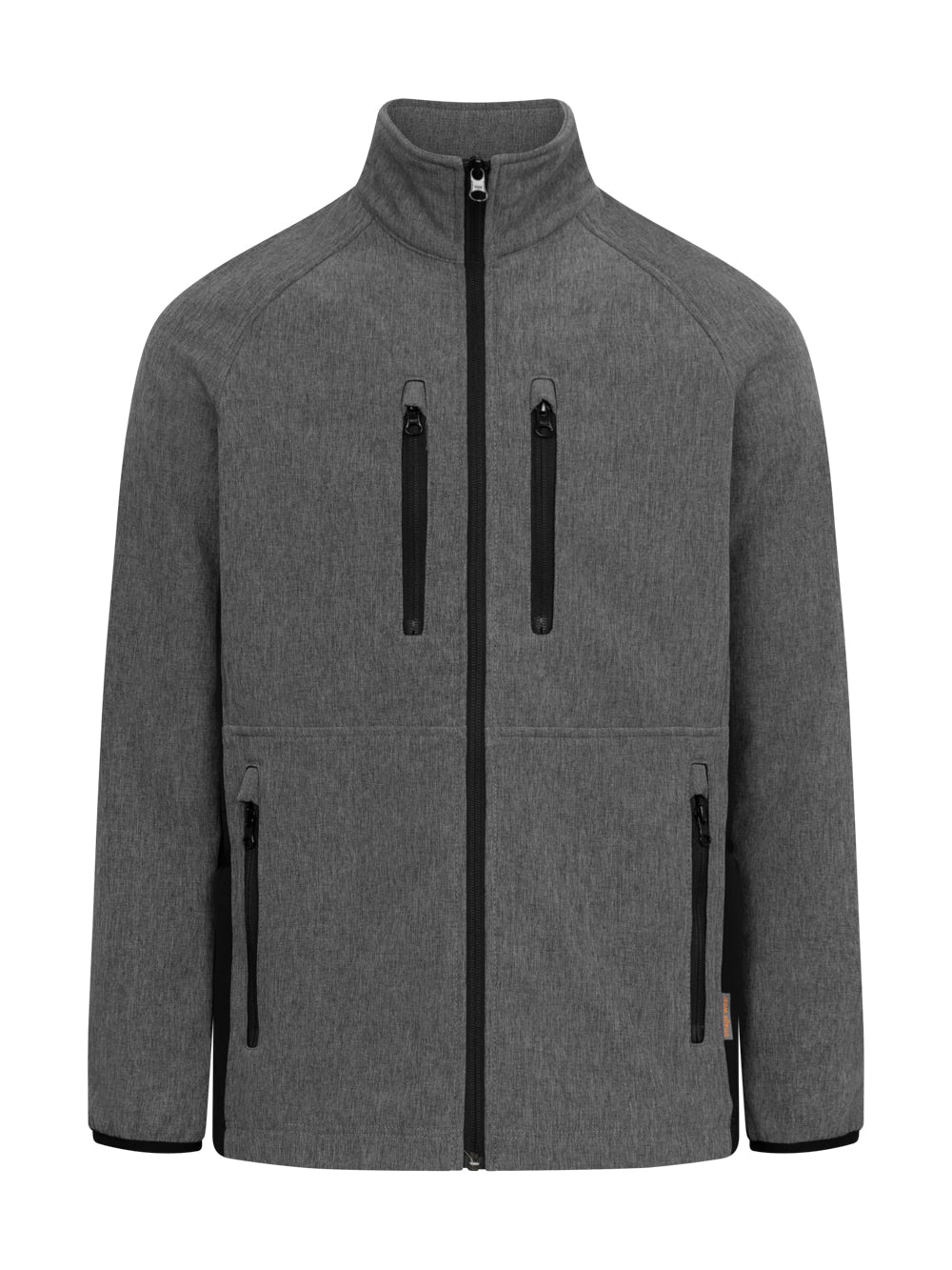 Meleerattu harmaa softshell-takki. Edessä vetoketju ja vetoketjulliset ala- ja ylätaskut.