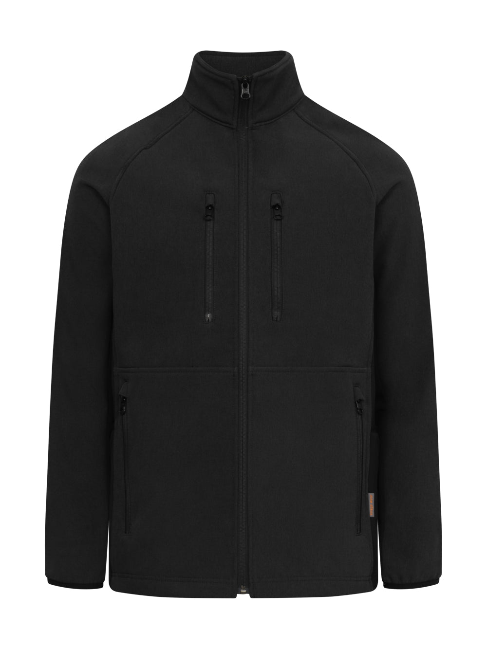 Meleerattu musta softshell-takki. Edessä vetoketju ja vetoketjulliset ala- ja ylätaskut.