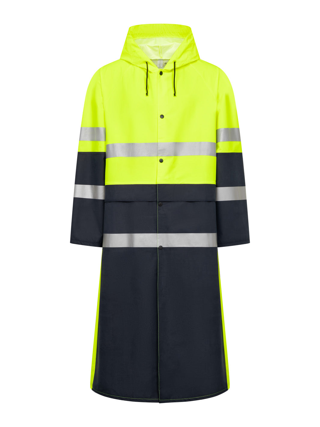 Kelta-tummansininen pitkä varoitussadetakki. Huppu, heijastinnauhat, läpälliset alataskut.