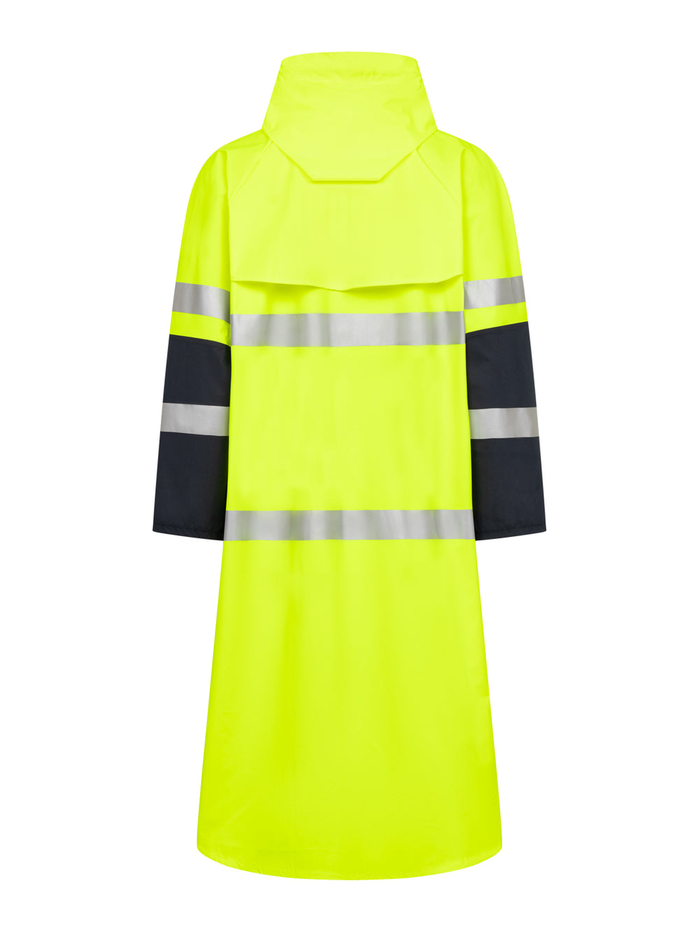 Kelta-tummansininen pitkä varoitussadetakki takaapäin kuvattuna.