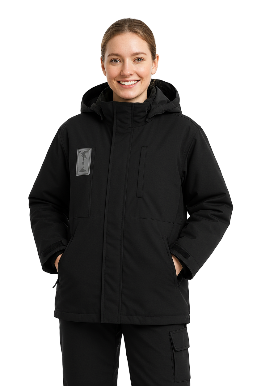 Kuvassa naismallilla Image Wearin musta Pyry naisten talvitakki ja talvihousut.